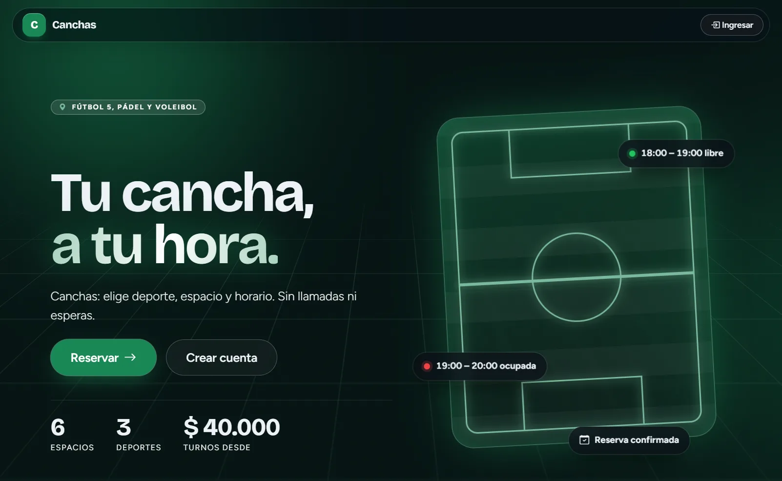 Captura de la página principal de Canchas Sistema