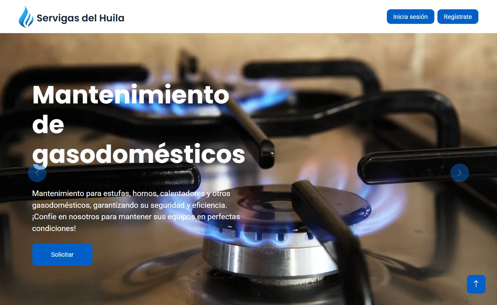 Captura de la página principal de Servigas del Huila